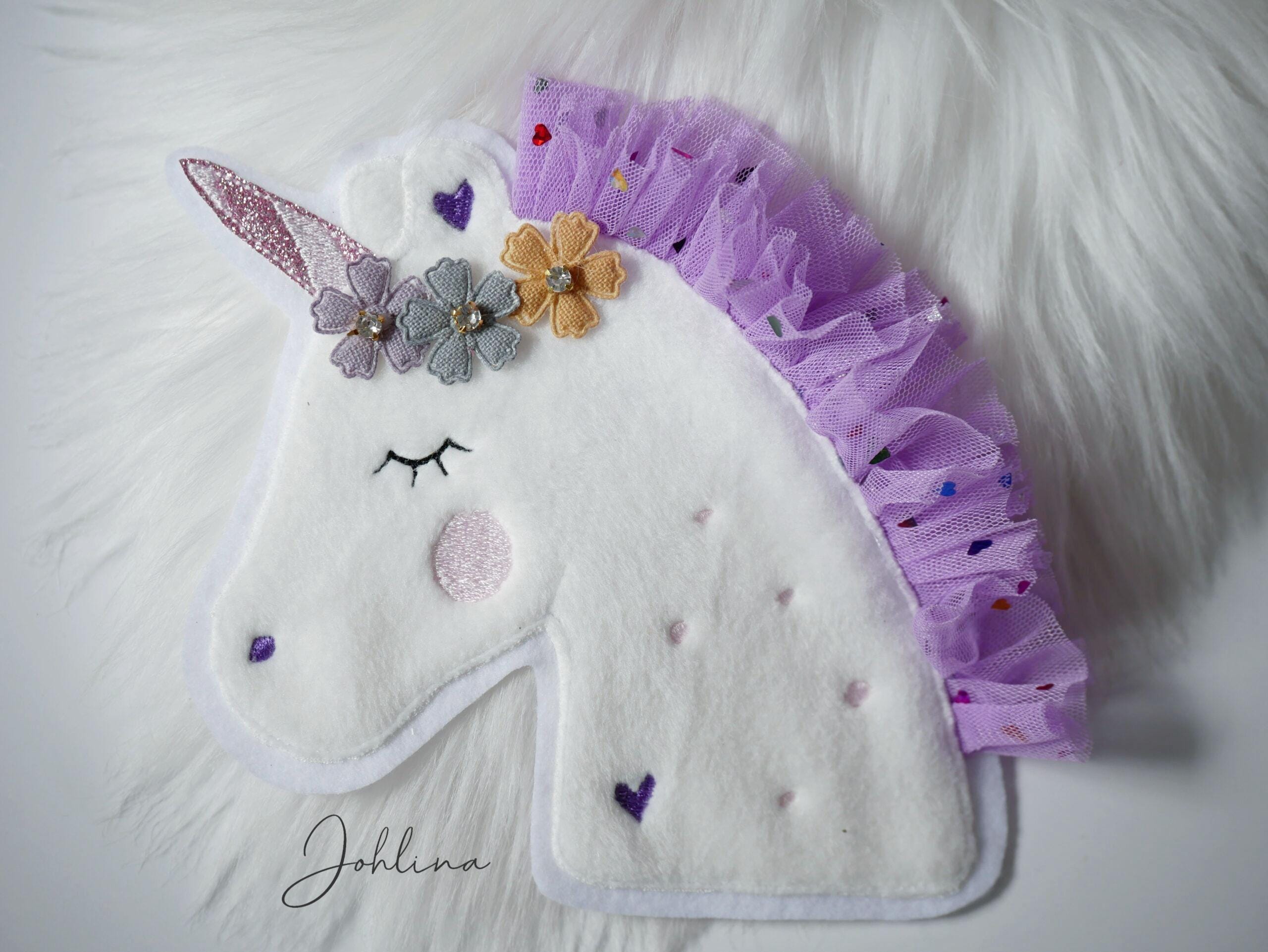 Aufnäher Einhorn mit Blüten & lila Tüllmähne