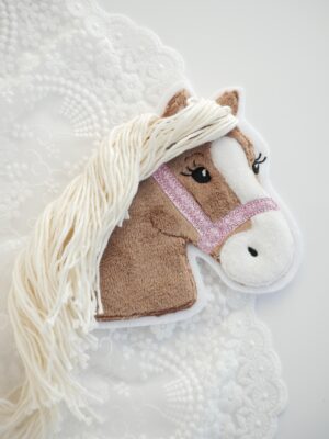 Aufnäher Pferd mit Blesse & rosa Glitzer Halfter