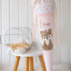 Handgemachte Fuchs-Schultüte in Rosa mit Blumenmuster, Spitzenborte und personalisiertem Namen